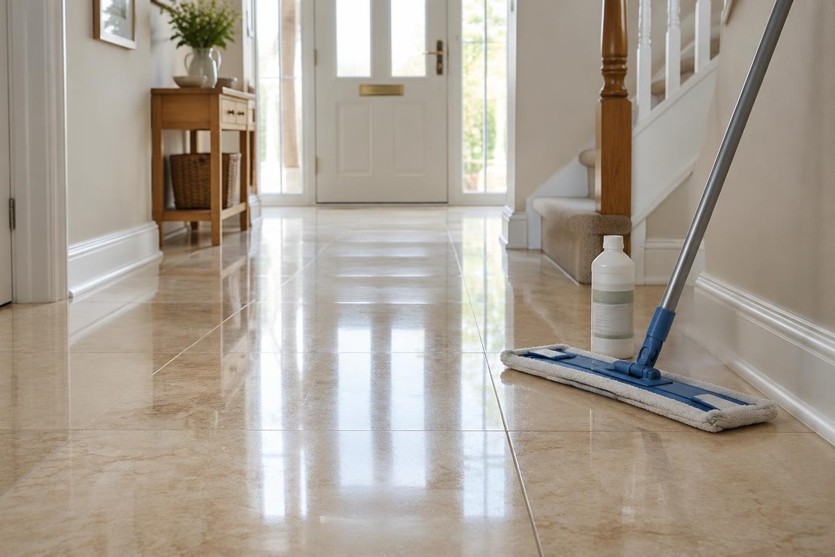 A freshly cleaned limestone hallway floor with a flat mop and a pH-neutral stone cleaner