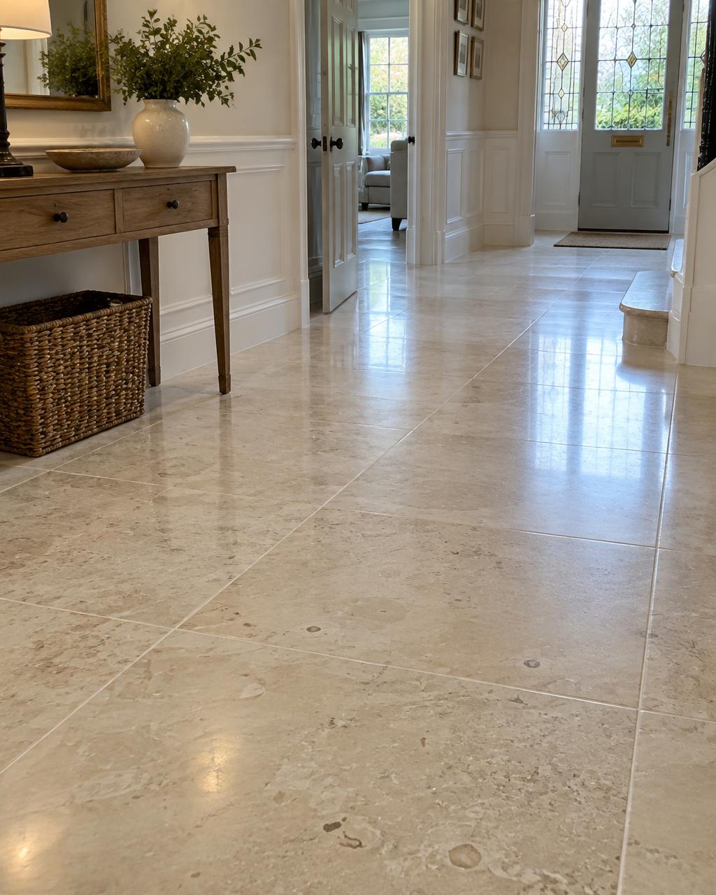 Limestone floor deep cleaned and restored to its natural colour in a Dublin home