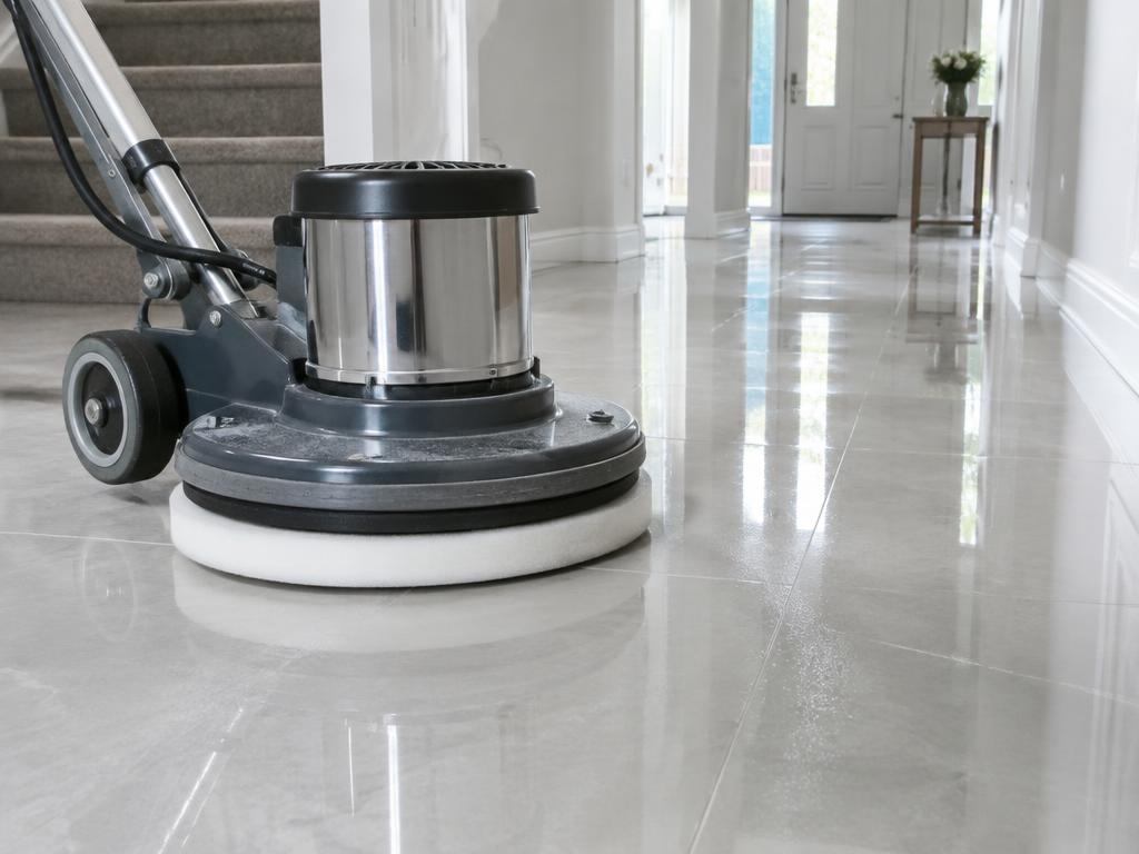 Professional polishing machine restoring the shine on a porcelain tile floor