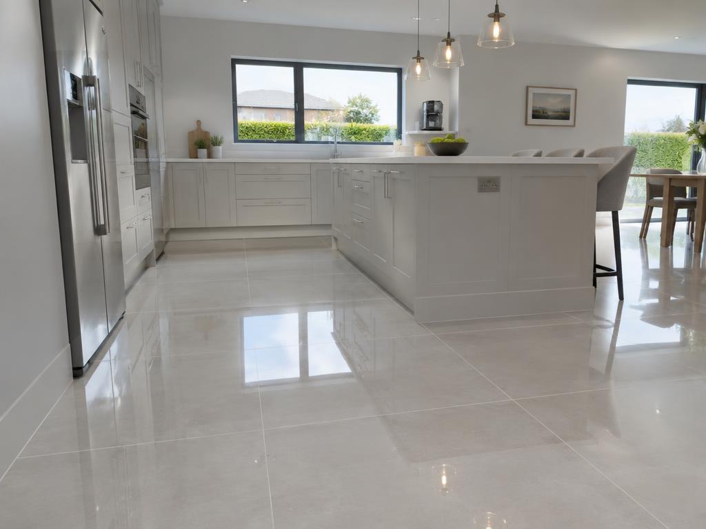 Freshly deep-cleaned polished porcelain tile floor with bright, even grout lines